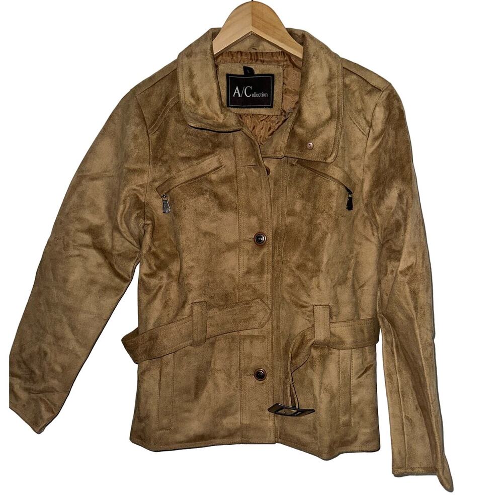 AC Collection Vintage Tan Moto Jacket Belted Boho Rustic Fall Size L Suede Belt